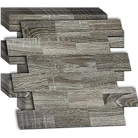 XUANINY 10-Piece Peel and Stick PVC Subway Tile, 3D Stone Texture Floor Stickers,Self Adhesive Tiles for Kitchen Backsplash Bathroom Fireplace (11.9"x11.9", Ash Wood Grain, 10) Cover