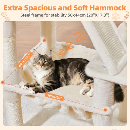 Image of Taoqimiao Cat Tree 57.5-Inch, Cat Tower for Indoor Cats Large Adult, Extra Large Cat Condo, 8 Sisal Scratching Posts, Metal Frame Cozy Hammock, Durable Scratch Board, 2 Top Perches, Beige MS026M