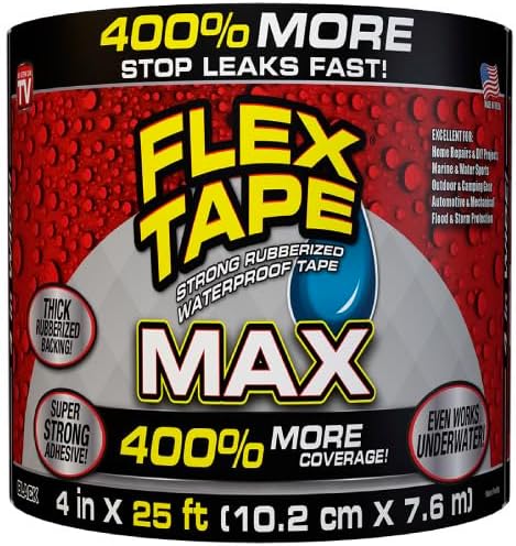 Flex Tape, MAX, Original Thick Flexible Rubberized Waterproof Tape - Seal and Patch Leaks, Works Underwater, Indoor Outdoor - Home RV Roof and Pool Repairs, Black, 4 in x 25 ft, Pack of 1