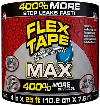 Flex Tape, MAX, Original Thick Flexible Rubberized Waterproof Tape - Seal and Patch Leaks, Works Underwater, Indoor Outdoor - Home RV Roof and Pool Repairs, Black, 4 in x 25 ft, Pack of 1