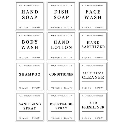 12 PCS Waterproof Glass/Plastic Bottle Labels - Farmhouse Bathroom/Kitchen Hand Soap Dispenser Label Stickers Removable Cleaning Labels for Lotion Shampoo and Conditioner