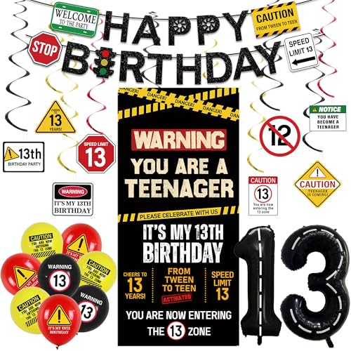 Roetyce 13th Birthday Decorations Boys Girls Black Happy 13th Birthday Banner Backdrop Balloons Hanging Swirls Caution Logo Themed Teenager 13 Years Old Party Yard Door Wall Cover Background