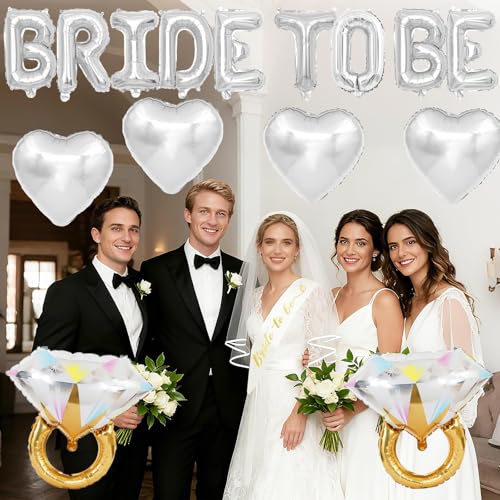 Image of Silver Bachelorette Party Decorations, Silver Bride to Be Banner Heart Balloons with Diamond Ring Foil Balloon, Gold Bride to Be Sash&Veil for Bachelorette Engagement Gift Bridal Shower Party Supplies