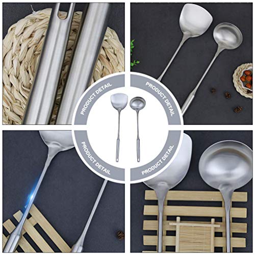 FRCOLOR Conjunto de conchas de espátula wok de aço inoxidável com cabo longo, conjunto de conchas e