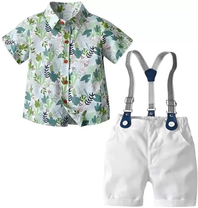 Boys Formal Suspender Set, Cotton Blend, White Shorts with Bow Tie, 1-7 Years, 2-Piece Outfit-image-1