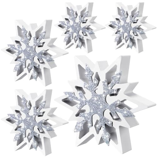Suzile 5 Pcs Large Thick Wooden Glitter Snowflake Decorations - Winter Farmhouse Snowflake Centerpieces & Table Signs for Xmas Home Office Table Mantel Fireplace Shelf