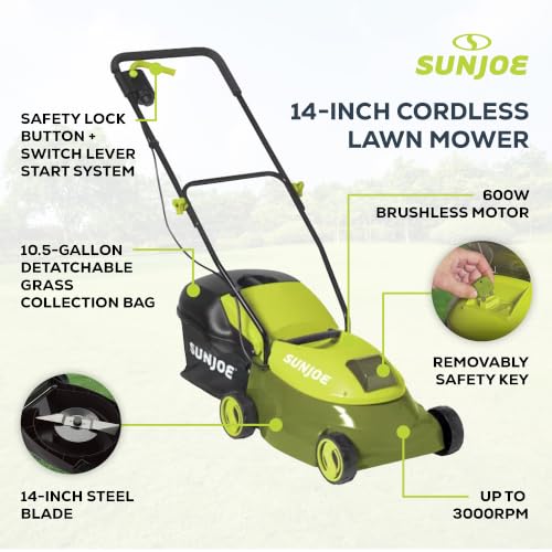 Image of Sun Joe Cordless Electric Push Lawn Mower with 10.6-Gal Bag and Safety Key, 14-Inch Cutting Width - Heavy-Duty Yard Trimmer for Gardening Care and Maintenance, MJ401C-XR