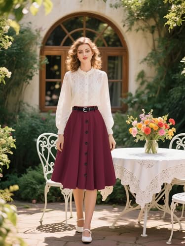 Belle Poque Women's Vintage Skirt High Waisted A Line Flared Midi Skirt with Belts4