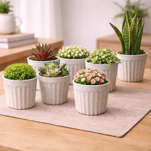 Image of Go Hooked Plastic Flower Pot for Indoor Plants (4 Inch, Pack of 7) | Decorative Ribbed Planter for Home, Office, Desk & Tabletop | Marble Finish Modern Indoor Plant Pot for Succulents & Small Plants