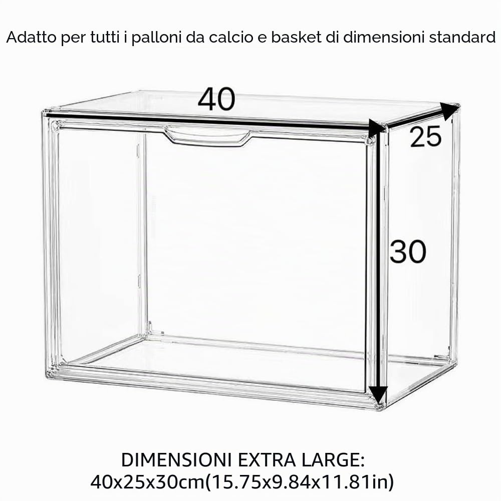 Vetrina Pallone da Calcio Acrilica Trasparente Impilabile con Stand,40x25x30cm Scatola Espositiva Grande Antipolvere con Porta per Basketball Pallavolo Giocattoli