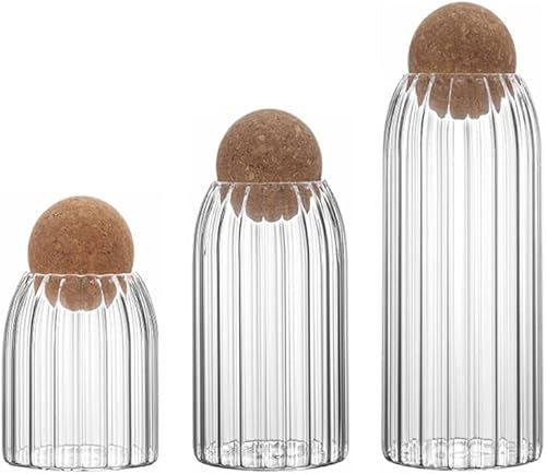 Hniuyun Juego de 3 tarros de vidrio para almacenamiento de alimentos con tapas esféricas de corcho, recipientes de almacenamiento de vidrio de bambú