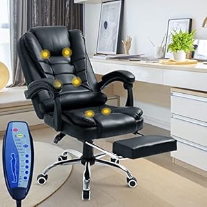 AMERROBIL Massage Office Chair, Reclining Office Chair with Footrest, Home Desk Chair with Armrest, Adjustable Height/Tilt, 280lb Capacity, Black