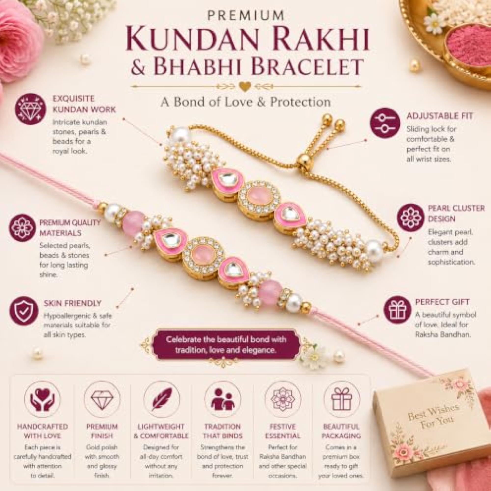 Royal Kundan Rakhi & Elegant Bhabhi Bracelet Gift Set