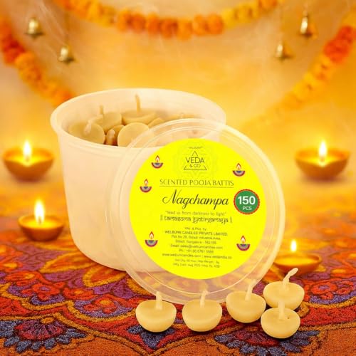 Image of Welburn Veda&Co Nagchampa Scented Ghee Blended Batti for Puja | Diya Batti with Cotton Wick | 30 Min Burning Time | Ghee Batti for Divine Worship | Ideal for Festivals and Daily Puja (Pack of 150)