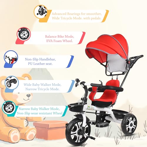 Image of BABY SMILE 4-in-1 Kids Tricycle with Adjustable Canopy, Parent Push Handle, Red and White (RED)