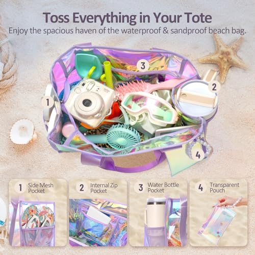 Beach Bag 26L Large Iridescent Waterproof Beach Tote Bag for Women with Zipper & Phone Pouch Sand/Tip-Proof Crossbody4