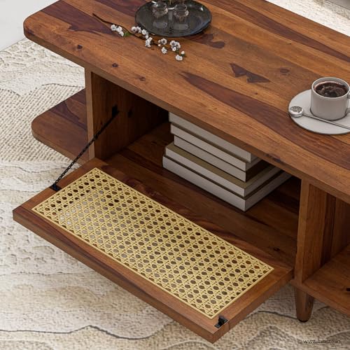Image of SIDHI Solid Sheesham Wood Coffee Table & Center Table with Rattan Cane Lift-Down Shutter & Both Side Open Shelves for Living Room (Honey Finish)