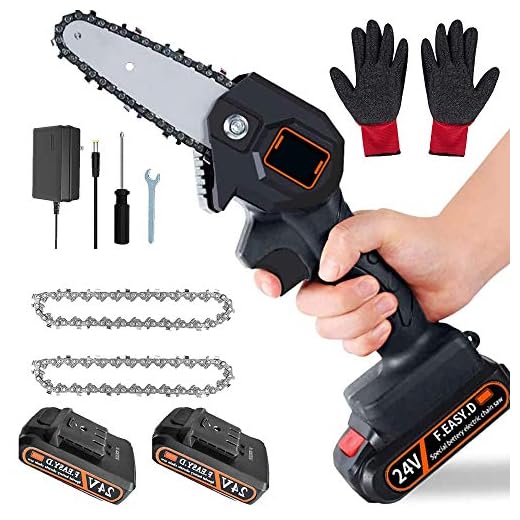 Peggy Mini Chainsaw, 4 Inch Cordless Electric Portable Battery Chain Saw with 2Pcs Batteries & Chain Brushless Motor, 24V Electric Hand Chainsaw 0.7kg Lightweight, Electric saws for Cutting Wood
