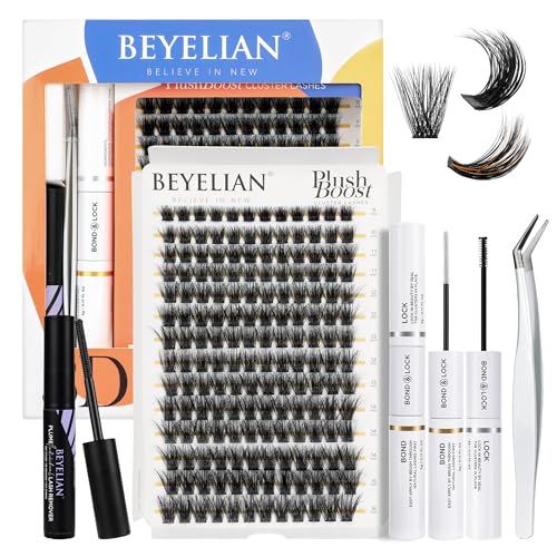 BEYELIAN DIY Lash Extension Kit 3D Fluffy Lash Clusters Kit with 9-18mm 168 Pcs 56D Cluster Eyelash Extensions Lash Bond and Seal Lash Remover and Lash Tweezers for Self Use at Home