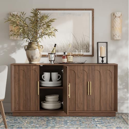 Image of FORTUNETEC Sideboard Buffet Cabinet with Storage, Mid Century Modern Accent Cabinet with Arched Doors, Modular Media Console, 67 inch Large Credenza for Living Room Kitchen Dining Room Entryway, Walnut