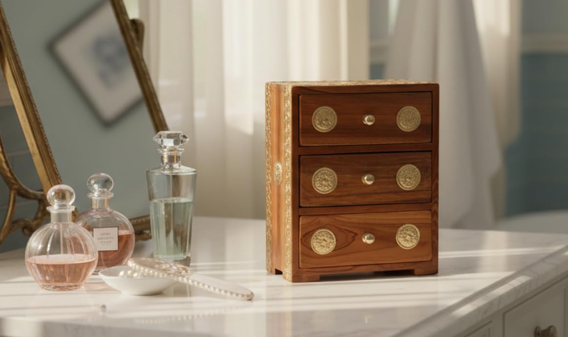 Wooden Handmande Brass Fitted 3-Drawer Desk Organizer Tabletop | Small Decorative Storage Chest | Office Supplies Desk Organizer Solid Wood Rack Drawer Organizer for