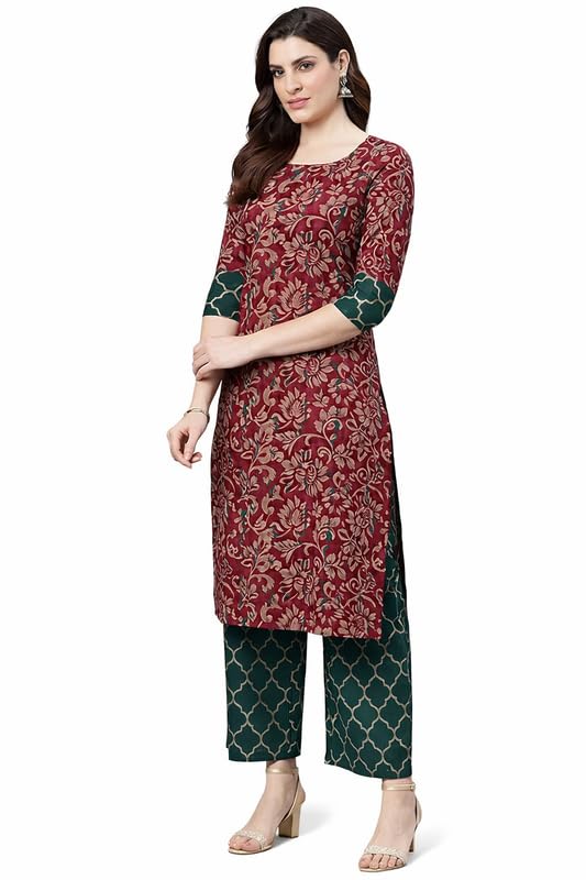 Image of idaLia Pure Cotton Kurta Set with Dupatta - Printed Kurta, Palazzo Pant & Dupatta, 3 /4 Sleeve, Round Neck, Calf Length Maroon