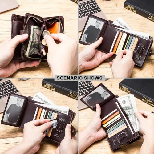 Image of Sam's Design Genuine Leather Wallet with RFID for Mens /Womens Handcrafted Vintage Wallet with 12 Card Slots, 1 ID Window, 1 Zipper Coin Short Wallet for Travel, Party, Wedding, Business, Dark Brown