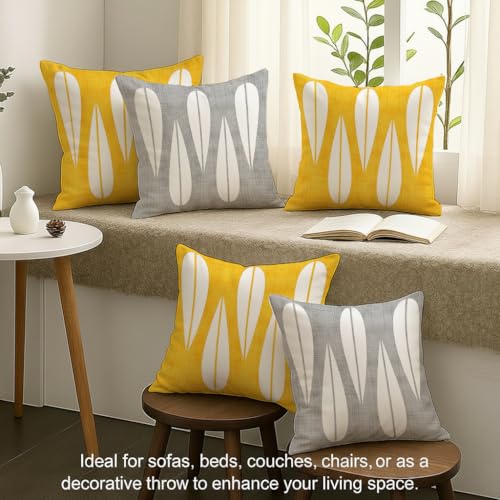 Image of STITCHNEST Set of 5 Polycotton Cushion Covers - Yellow & Grey Abstract Drop Design - 16x16 Inches - Soft & Durable Cushion Covers for Sofa, Bed & Living Room | Perfect for Home Decor