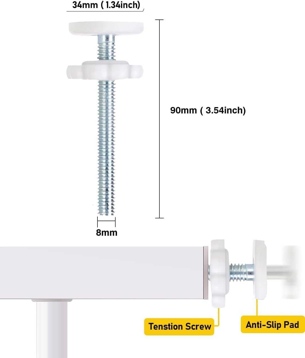 4Pcs Universal Baby Gate M8 (8mm) Replacement Bolt - Extra Long Wall Mounting Accessories Screws Rods Adapter Bolts White