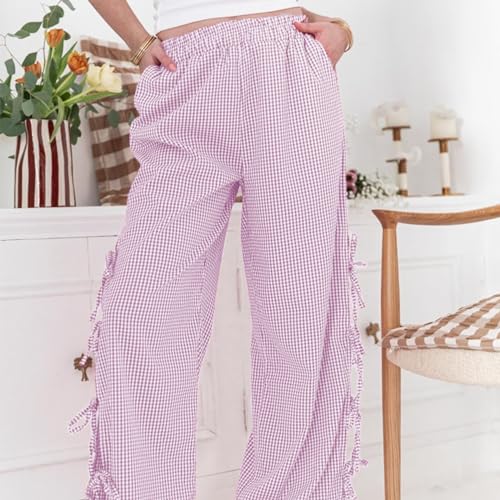 Image of Y2K Gingham Pants for Women Bow Tie Side Slit Wide Leg Lounge Bottom Plaid Checkered Loose Fit Going Out Pants