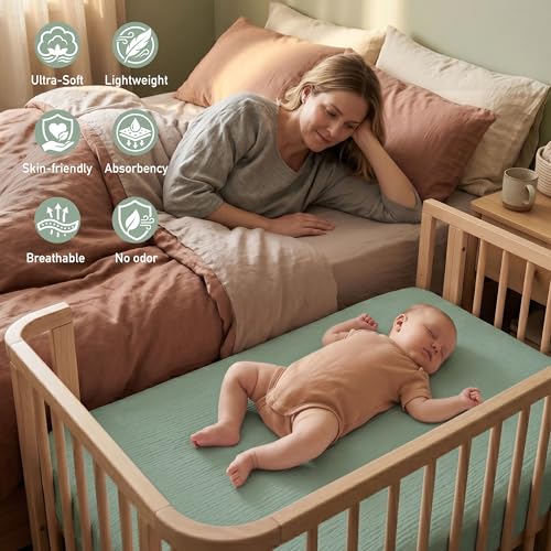 Image of Muslin Bassinet Sheets 2 Pack, Ultra Soft Breathable Fitted Sheets for Bedside Sleeper Bassinet, 33x20 Inch, Snug Fit Baby Bassinet Mattress Cover for Newborn Boys Girls (Bright Leaves)