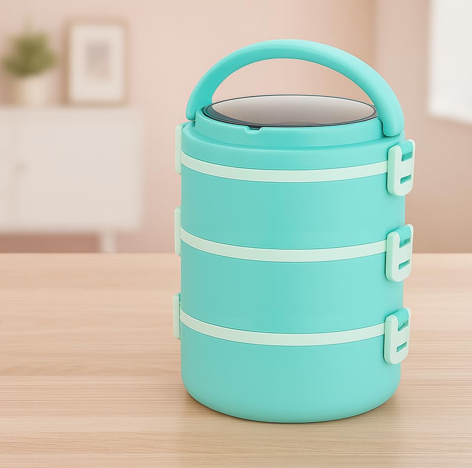 Image of 3 Layer Stainless Steel Insulated Lunch Box-Tiffin Box for Kids,Adults| Leak Proof Double Wall Lunchbox for Office, School Use with Spoon & Lid -Color May Vary (Oval)