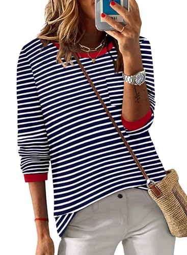 ONLYSHE Women's Casual Striped Long Sleeve Tops Crew Neck Knit Basic Loose Fit T Shirts Fall Fashion Tunic Outfits