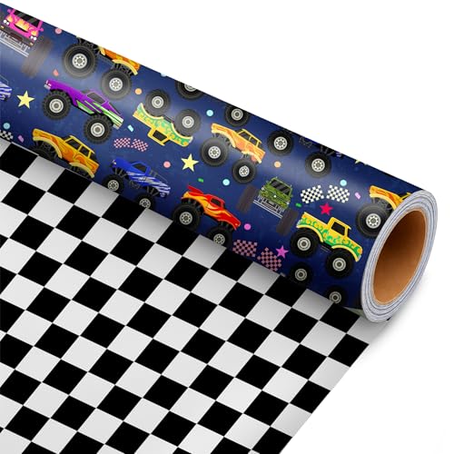 Cuitpan Monster Truck Wrapping Paper Roll - Holiday Gift Wrap Black & White Checkered Flag on Reverse - Perfect for Kids and Boys Birthdays Gift Wrapping - 17 Inches x 16.5 Feet (24 sq. ft)