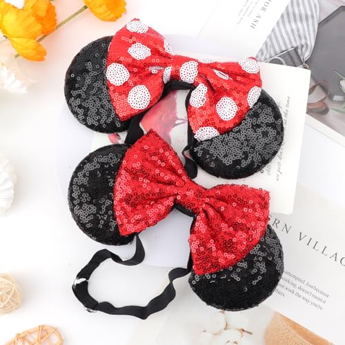 Image of DRESHOW Minnie Ears Headbands Mouse Ears Sequin Bow Headbands Elastic Adjustable Headband Glitter Party Decoration Cosplay Costume for Women