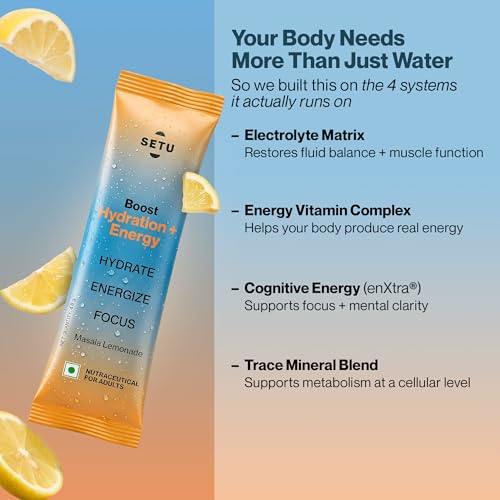 Image of Setu Boost Hydration + Energy Electrolyte Powder Sachets with No Caffeine | Enriched with enXtra | Masala Lemonade Flavor | Pack of 4 | 60 Sachets