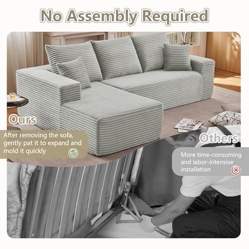 Image of 107 inch Cloud Sectional Couch with L-Shape Chaise, Modern Modular Comfy Sofa with Deep Seat, Upholstered Corduroy Couches Sleeper Chaise Longue for Living Room Bedroom, No Assembly Required, Grey