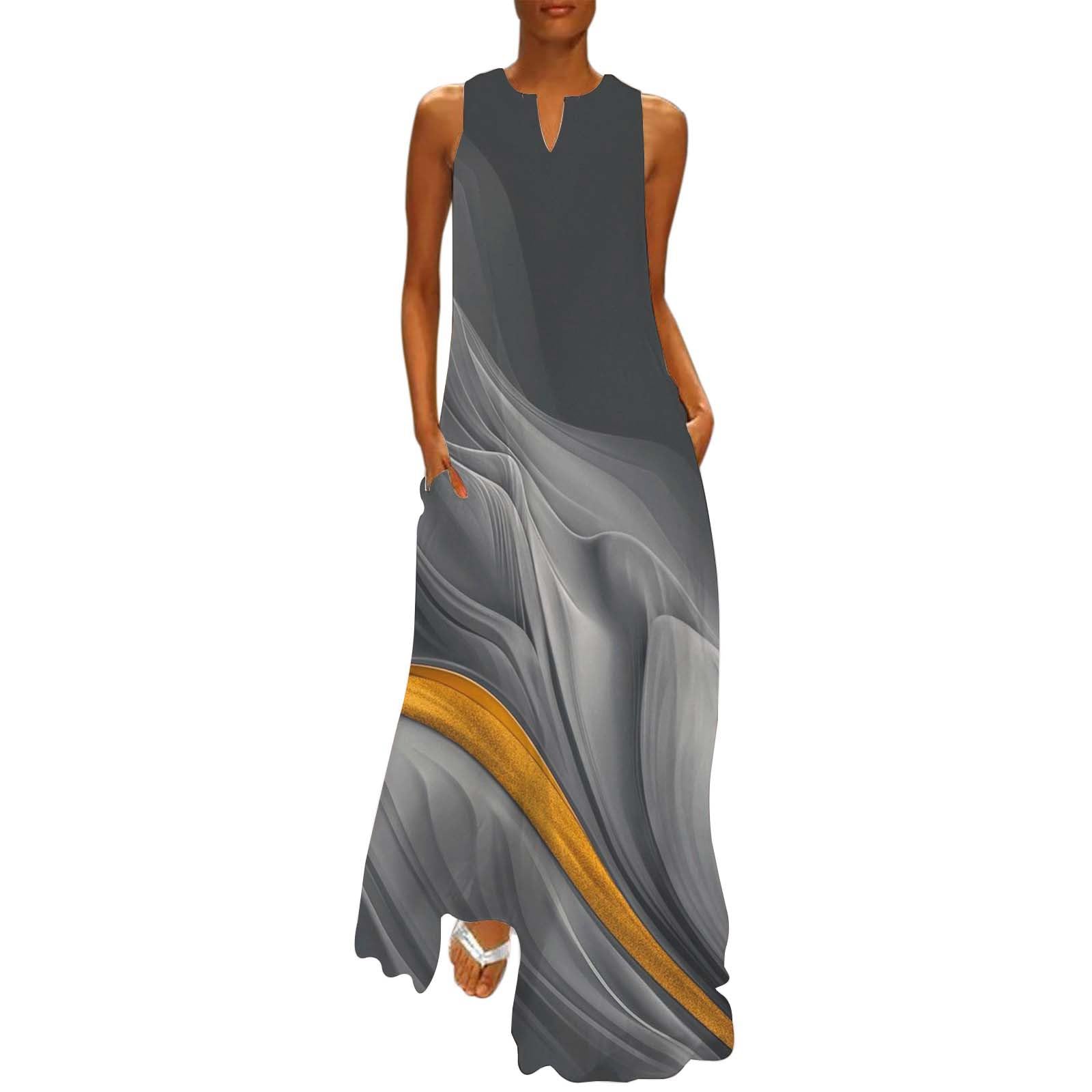 Robe Femme Chic Et Elegant Robe Longue Femme Maxi Imprimé Papillon d'Été Floral Grandes Tailles Robe de Cocktail l'été Boheme sans Manche avec Poches Ample Fluide Decontractée Sundress