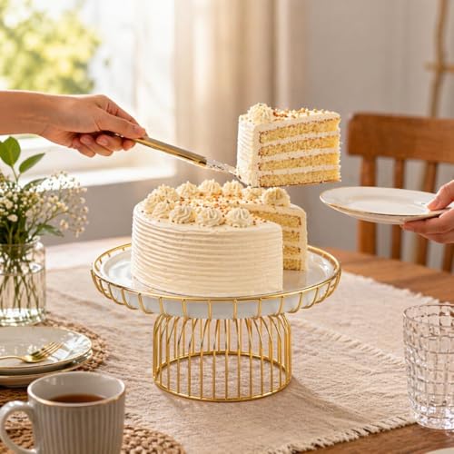Image of ELIZAH Metal Cake Stand with Ivory Top & Gold Base | Premium Dessert & Cake Display Stand for Parties, Birthdays & Weddings (White or Gold)