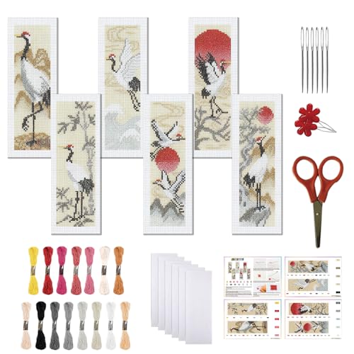 Image of FREEBLOSS 6 Set Cross Stitch Bookmark Kit 11 CT Complete Stamped Cross Stitch Kit DIY Embroidery Bookmark Kits for Adult Beginners with Instructions, Crane Pattern, 6 x 20 cm /8 inch x 2.4 inch