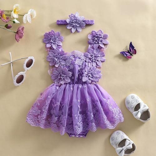 Newborn Baby Girl Romper Dress Lace Floral Sleeveless Tulle Dress with Headband Infant Summer Mesh Jumpsuits2