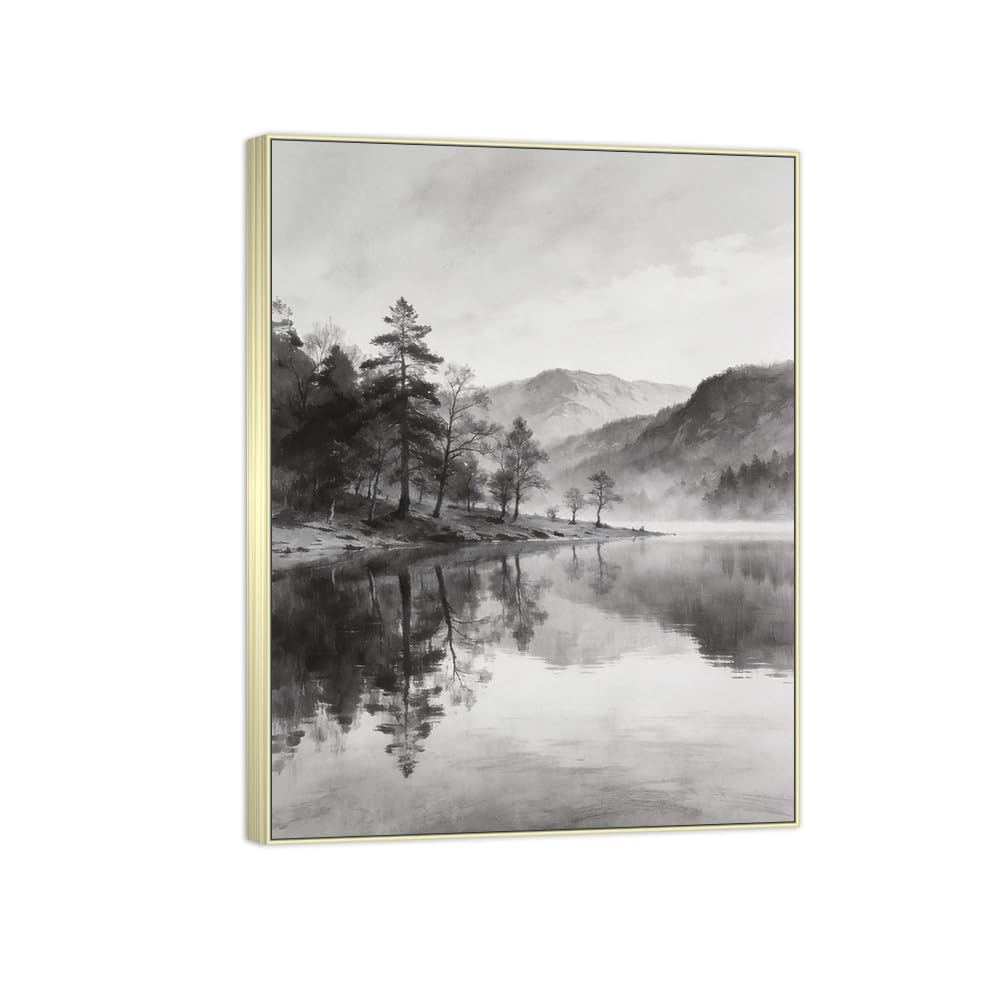 Tree Lake 2 Black White Landscape Canvas Picture 80x105cm Silver Frame