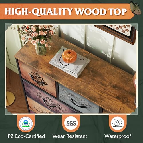 Image of WLIVE 9 Drawer Dresser, Fabric Storage Tower for Bedroom, Hallway, Closet, Tall Chest Organizer Unit for Bedroom with Fabric Bins, Steel Frame, Wood Top, Easy Pull Handle, Pattern
