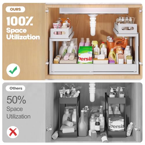 Image of 1 Pack-16 inch-26 inchW Expandable Under Sink Organizer With Upgrade Ball-Bearing Slide,2-Tier Pull Out Under Cabinet Organizer Height Adjustable,Not Suitable For Cabinets With Partitions In The Middle