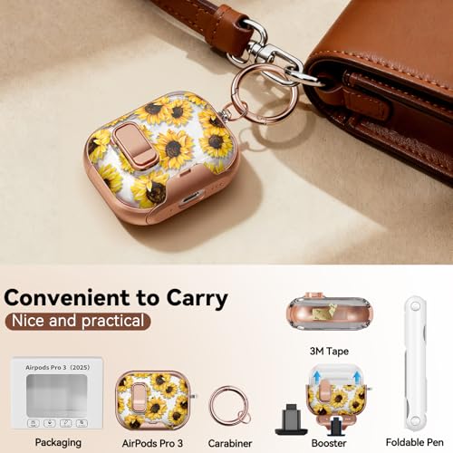 Image of for AirPod Pro 3 Case 2025, with Safty Lock & Phone Stand for Floral AirPod Pro 3 Generation Case Cover for Women Girly, iPod Pro 3 Cases with Keychain & Cleaner Kit - Yellow Sunflower