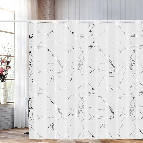 Yiwshcut Premium White Marble Pattern Shower Curtain - Durable Water-Resistant Fabric Bath Curtain 72x72 Inches with Rust-Proof Hooks Stylish Decor for Nordic/Ins-Style Bathrooms