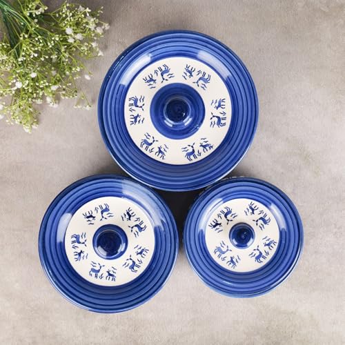 Image of Niyara Premium Ceramic Casserole /Donga Set with Lids - Handcrafted Serving Bowls for Hot Food, Microwave & Dishwasher Safe - Set of 3, Sizes: 1000ML, 650ML, 550ML (Blue deer design)