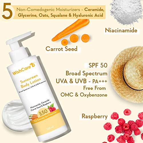 WishCare SPF50 Sunscreen Body Lotion - Broad Spectrum - UVA & UVB Protection with No White Cast - With Carrot Seed & Raspberry - For Men & Women -... - Image 3