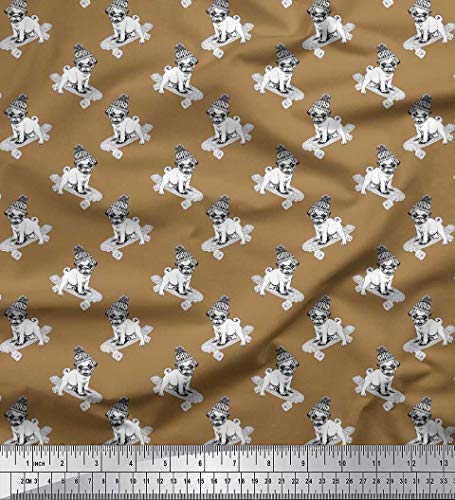 Soimoi Cotton Voile Fabric Skateboard,Wollen Cap & Pug Dog Decor Fabric Printed Yard 56 Inch Wide