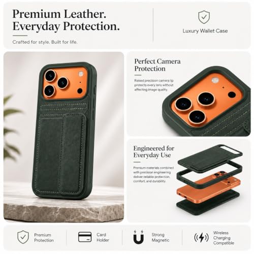 Image of amazon basics Luxury Vegan Leather Back Cover for iPhone 17 Pro | Built-in Card Holder Slot | Integrated Mobile Stand | Slim Shockproof Protective Case with Stitched Finish - Green